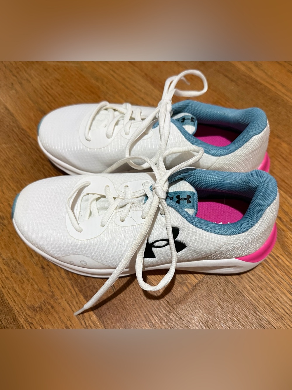 Under Armour White Sneakers with Blue Lining and Pink Heel Accent